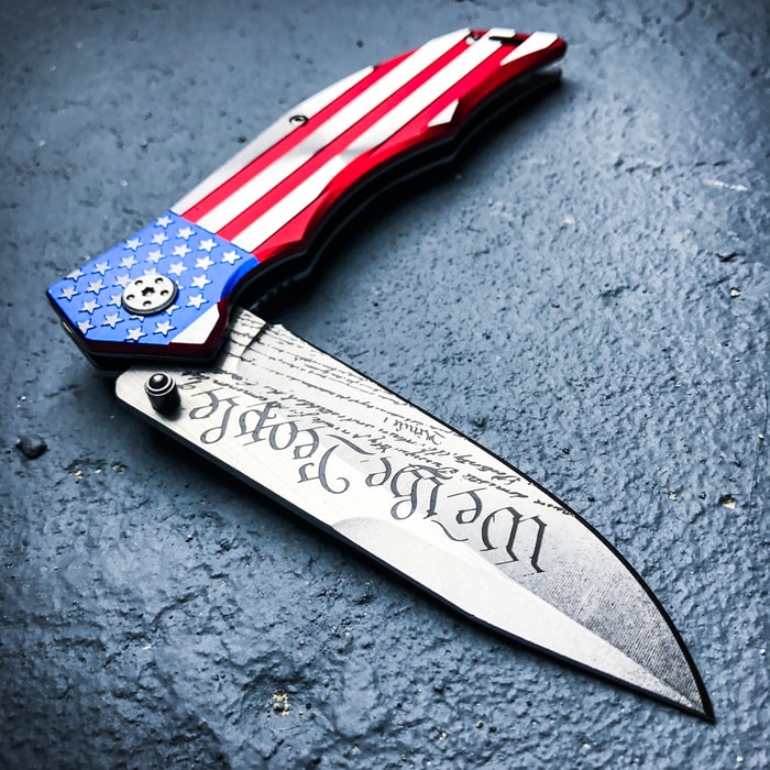 MTech "We the People" Assisted Opening Pocket Knife - US Constitution Blade Etching; US Flag Handle