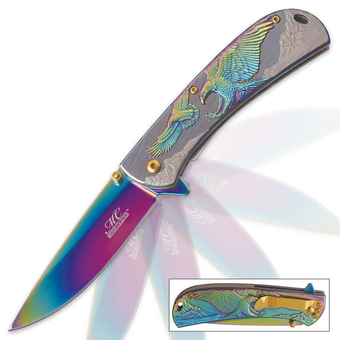 Iridescent Rainbow Mountain Eagle Assisted Opening Pocket Knife