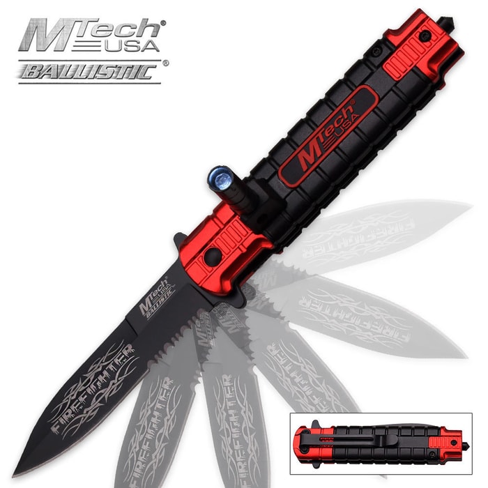 MTech Ballistic Firefighter Assisted Opening Resuce Pocket Knife With LED Light