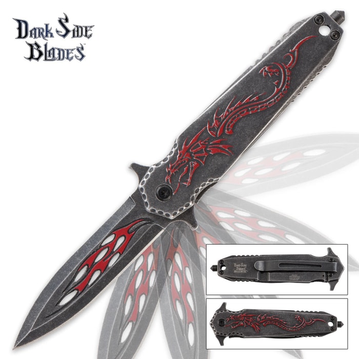 Dark Side Blades Stonewashed With Red Flame Cut-Outs Pocket Knife