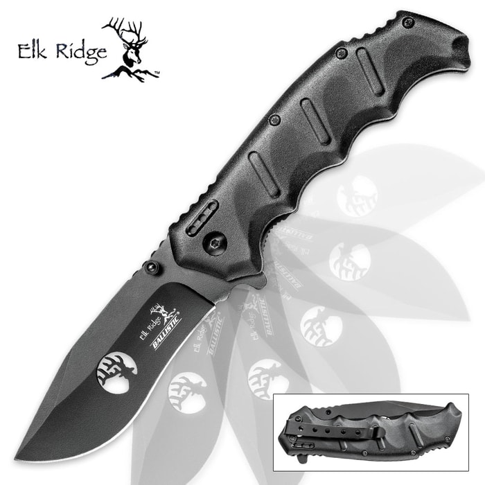 Elk Ridge Spring Assisted Black Pocket Knife - Cut-Out Logo