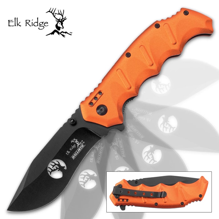Elk Ridge Spring Assisted Orange Pocket Knife - Cut-Out Logo