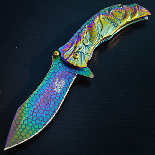 MTech Dragon Fury Assisted Opening Folding Pocket Knife Rainbow Titanium