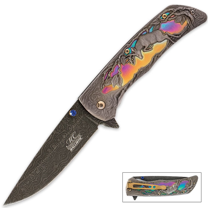 Damascus Deer Folding Pocket Knife With Rainbow Insert