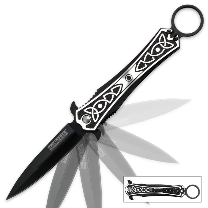 Celtic Knotwork Spring Assisted Double Edged Dagger Knife