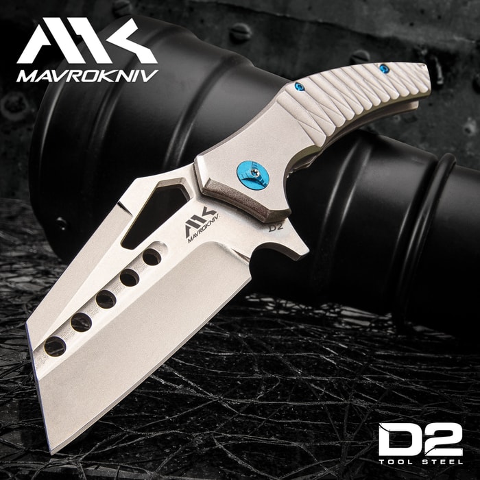 Mavrokniv Leviathan Pocket Knife - D2 Steel Blade, Aluminum Handle, CNC Finish, Ball Bearing Opening, Pocket Clip - Closed 4 1/2”