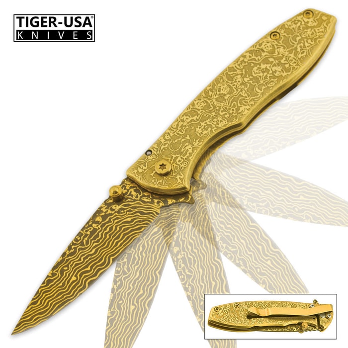 Tiger USA Golden Damascus Pattern Trigger Assisted Folding Knife 