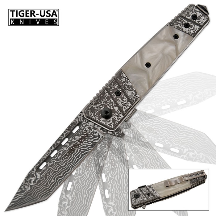 Mother Of Pearl & Damascus Pattern Tanto Blade Folding Pocket Knife