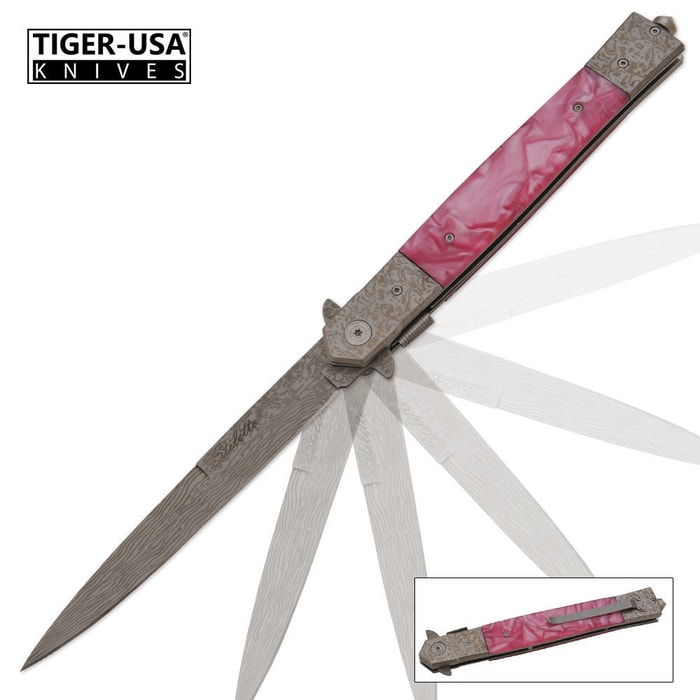 Damascus Princess Stiletto Pink Knife