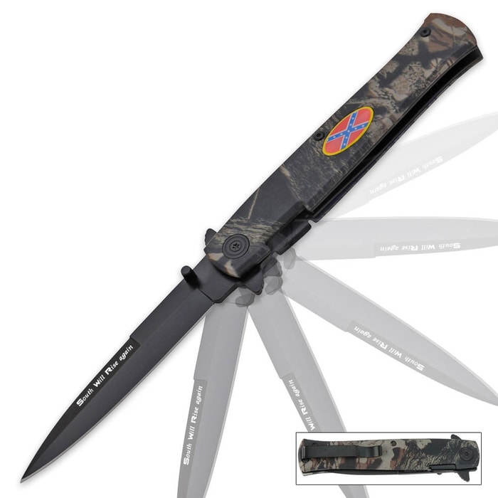 Rebel Flag Assisted Opening Digital Camo Stiletto Folding Pocket Knife