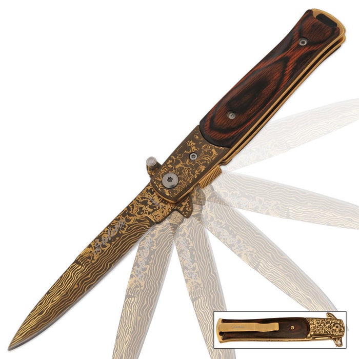 Godfather Style Stiletto Damascus Gold Folding Knife