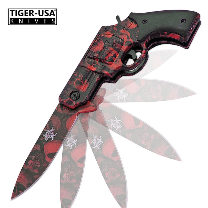 Assisted Opening Z Slayer Undead Gasher .38 Cal. Revolver Folding Pocket Knife Red