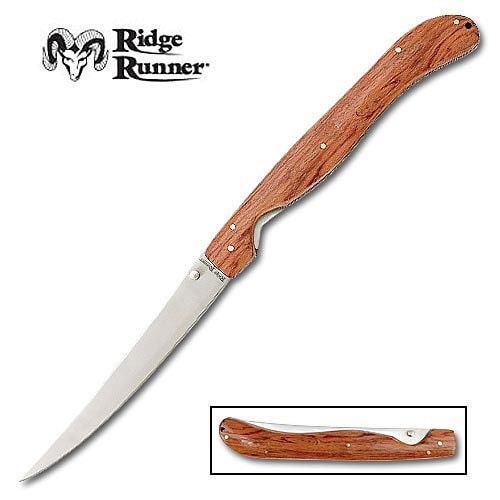 Ridge Runner Folding Fillet Knife has a stainless steel blade and natural woodgrain handle, shown both opened and closed.