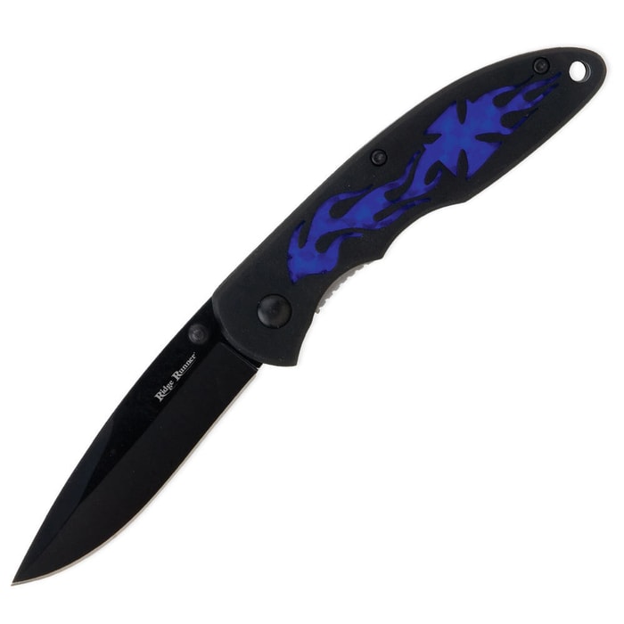 Ridge Runner Blue Flaming Black Folding Knife