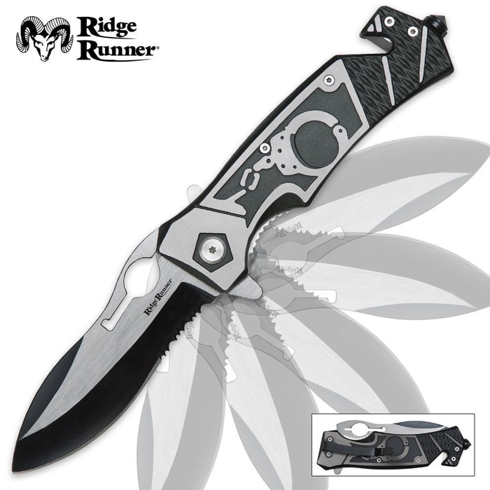 Ridge Runner Matte Black Handcuff Design Folding Knife