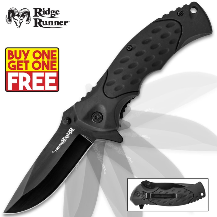 Ridge Runner “Field Shadow” Assisted Opening Pocket Knife shown with 3 1/4" stainless steel blade with black coating and rubberized polymer handle.
