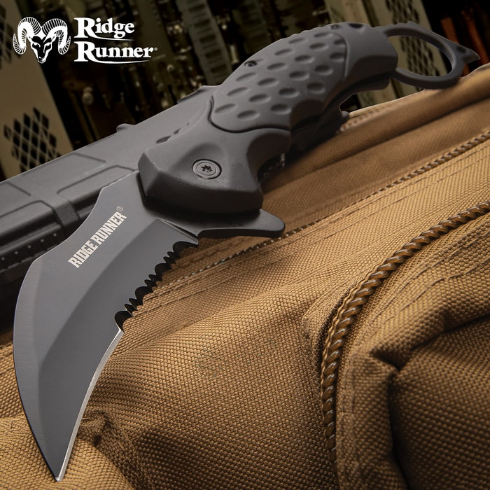 Ridge Runner Field Shadow Karambit Knife - Stainless Steel Blade, Non-Reflective, TPR Handle, Open-Ring Pommel, Pocket Clip