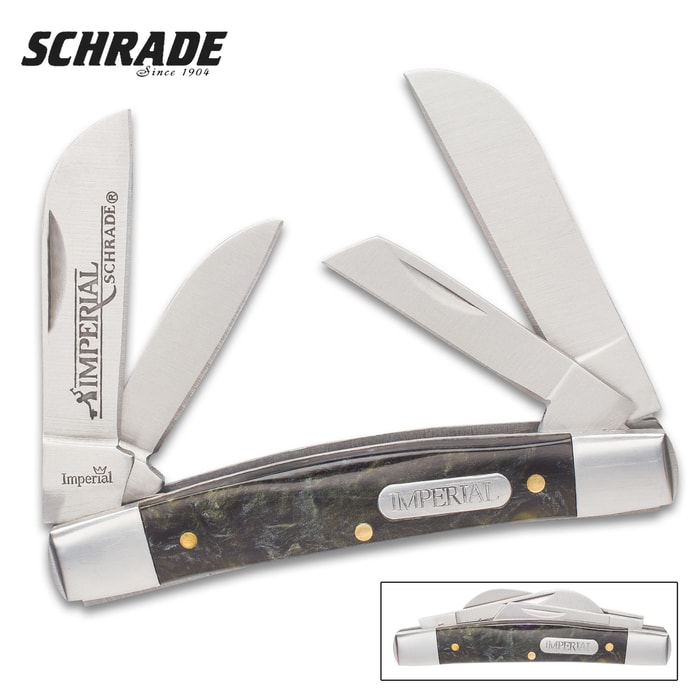 Schrade Imperial Black Swirl Congress Pocket Knife - Stainless Steel Blades, POM Handle Scales, Stainless Steel Bolsters