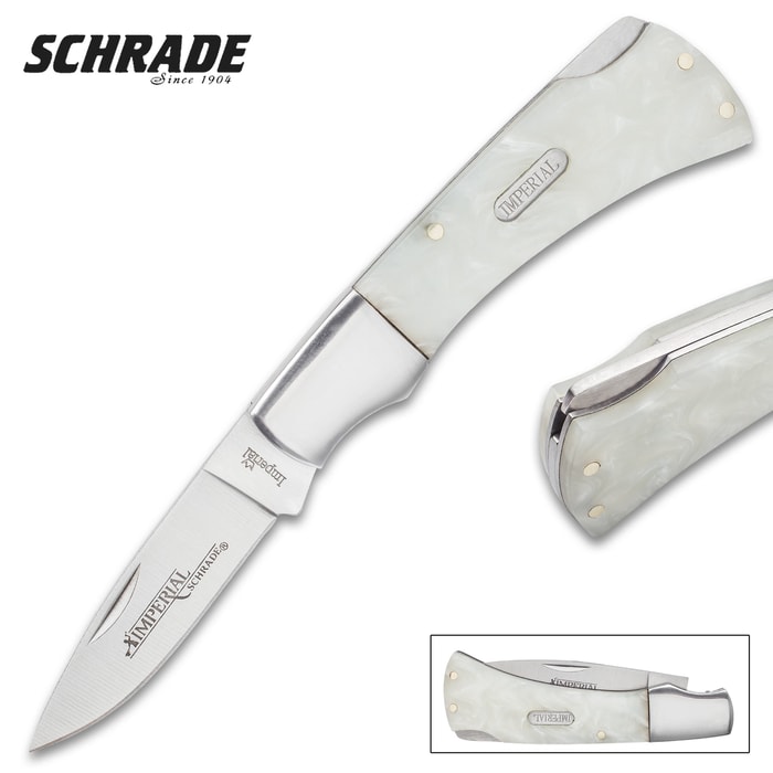 Schrade Imperial Cracked Ice Lockback Pocket Knife - Stainless Steel Blade, POM Handle Scales, Stainless Steel Bolsters
