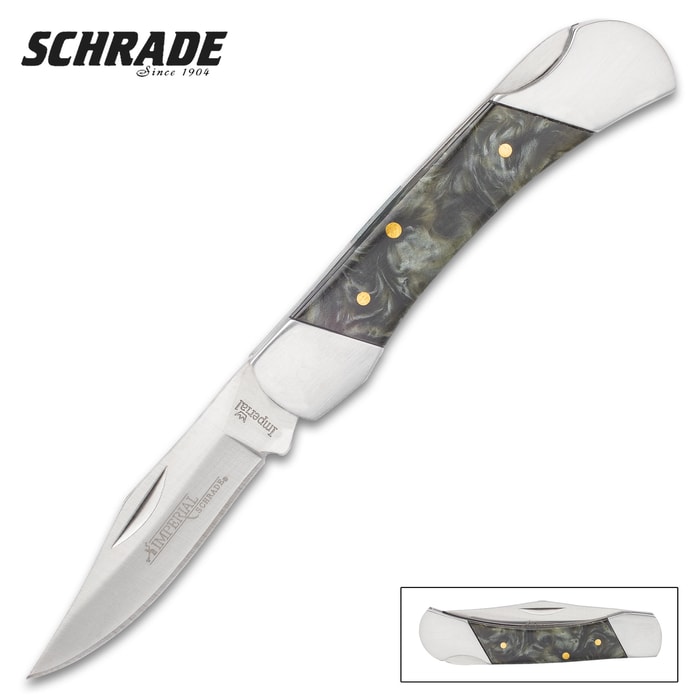 Schrade Imperial Black And White Swirl Lockback Pocket Knife - Stainless Steel Blade, POM Handle Scales, Stainless Steel Bolsters