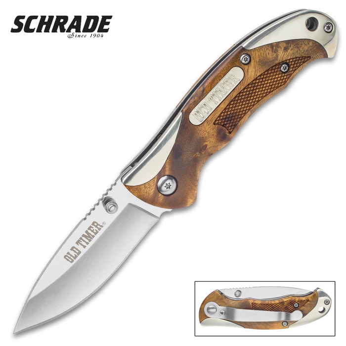 Schrade Old Timer Ironwood Pocket Knife - Stainless Steel Clip Point Blade, Assisted Opening, Wooden Handle, Pocket Clip
