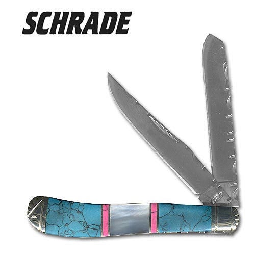 Schrade Custom Gunstock Trapper Turquoise Pearl Folding Knife