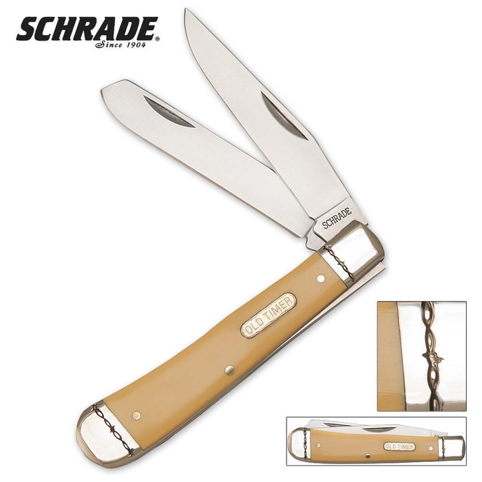 Schrade Old Timer Large Barbwire Trapper Yellow Folding Knife