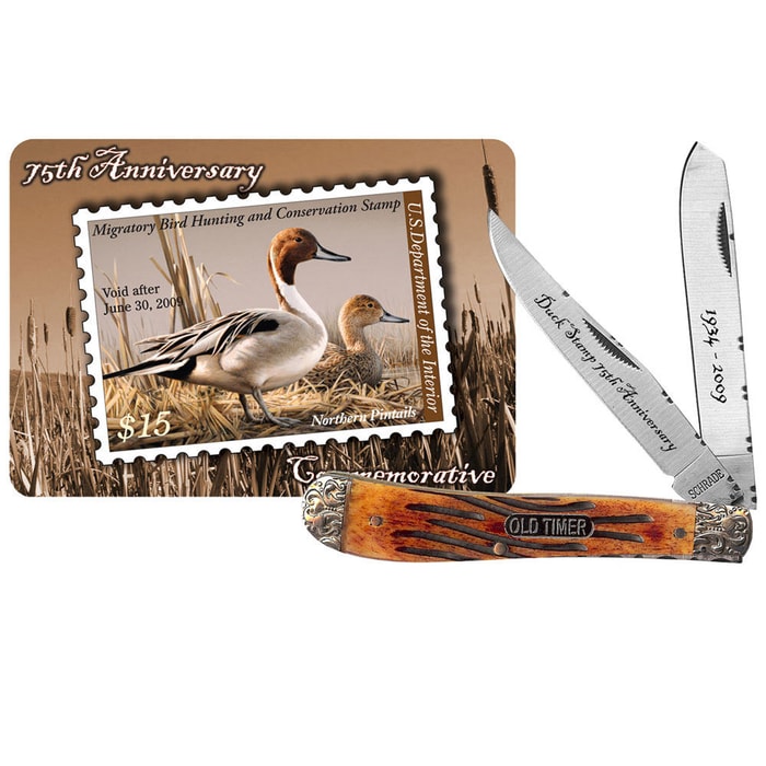 Schrade Duck Stamp 75th Anniversary Burnt Bone Trapper Folding Knife