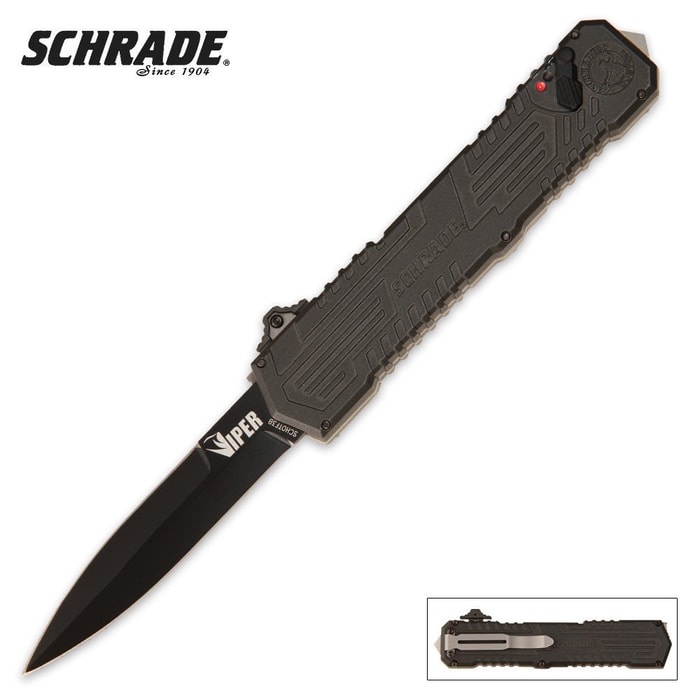 Schrade Viper OTF Assisted Opening Pocket Knife Dagger has a black stainless steel blade and aluminum handle with pocket clip.