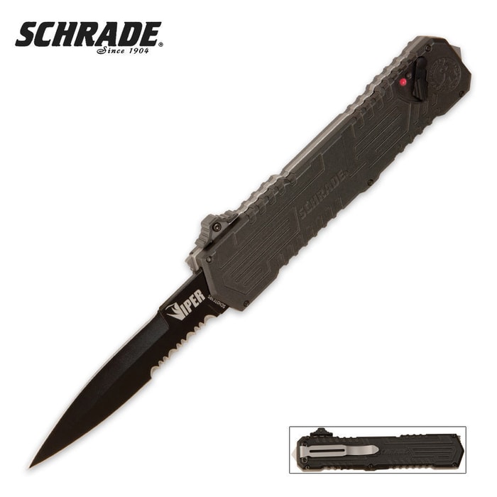Schrade Viper OTF Assisted Opening Pocket Knife  Black Dagger Point Serrated