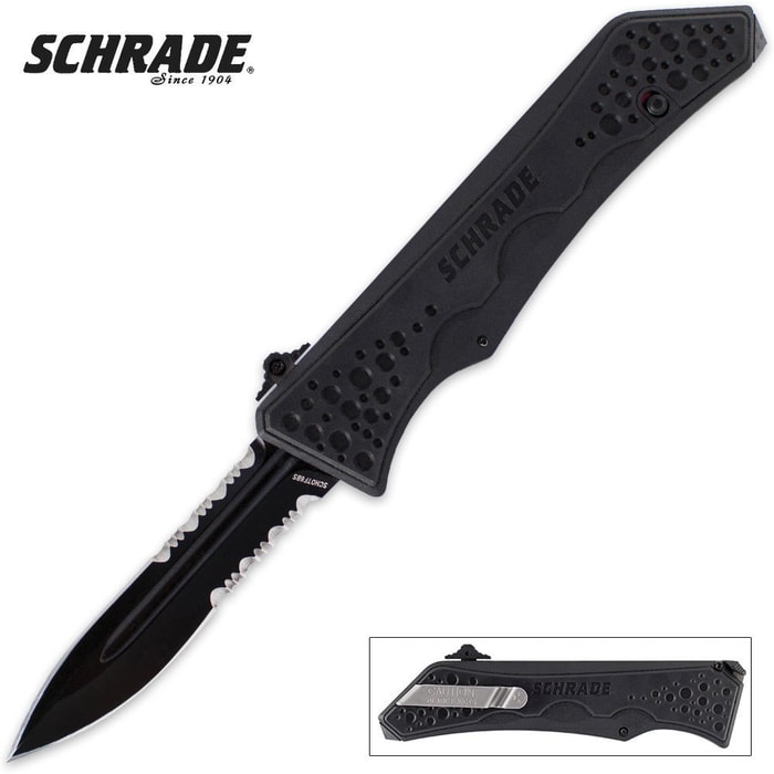 Schrade Out The Front Assisted Open Double Edge Spear Point Knife Serrated