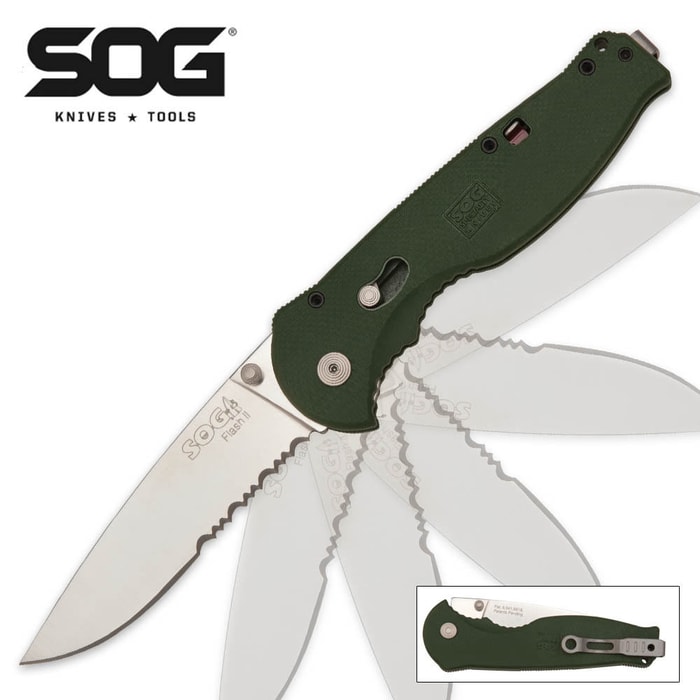 SOG Flash II Part Serrated Satin Green Handle Folding Knife