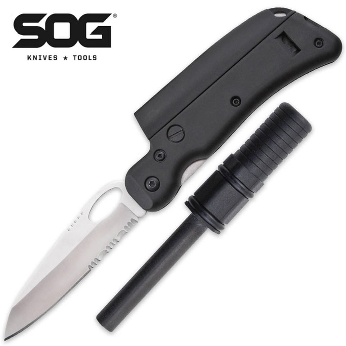 SOG Tool Logic Mini Tactical Folding Knife with Magnesium Fire Starter Black