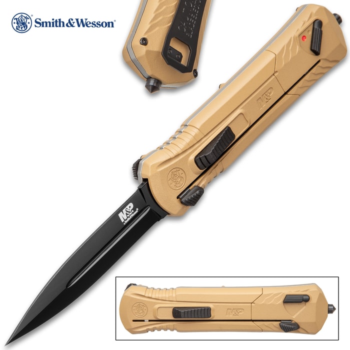 Smith & Wesson OTF Assisted Opening Flat Dark Earth Pocket Knife - AUS-8 Stainless Steel Blade, Aluminum Handle, Glass Breaker Pommel, Pocket Clip