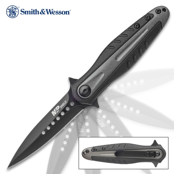 Smith & Wesson Black And Grey Shield Dagger Point Pocket Knife - Stainless Steel Blade, Aluminum And Nylon Handle, Pocket Clip