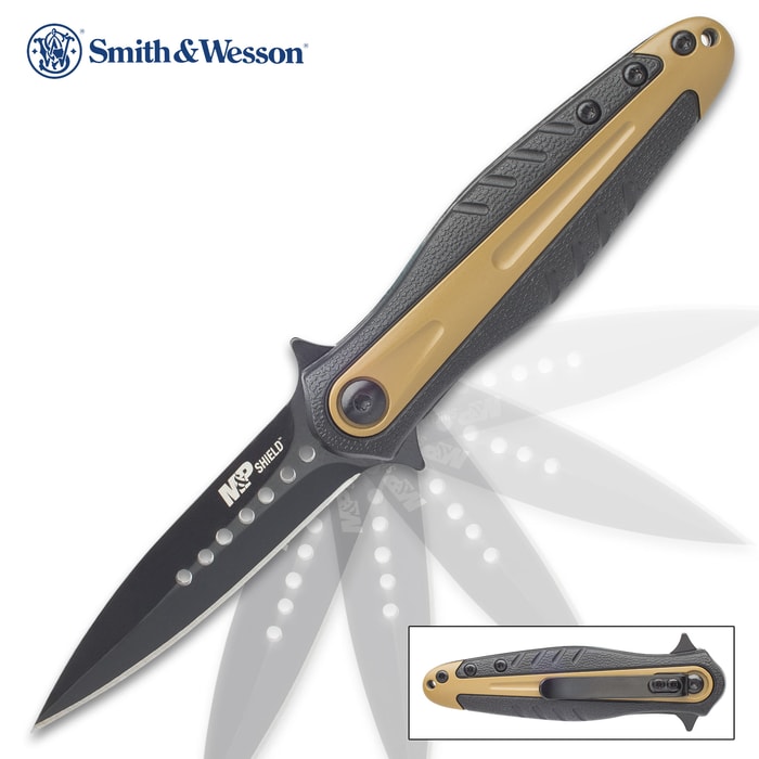 Smith & Wesson Black And Tan Shield Dagger Point Pocket Knife - Stainless Steel Blade, Aluminum And Nylon Handle, Pocket Clip