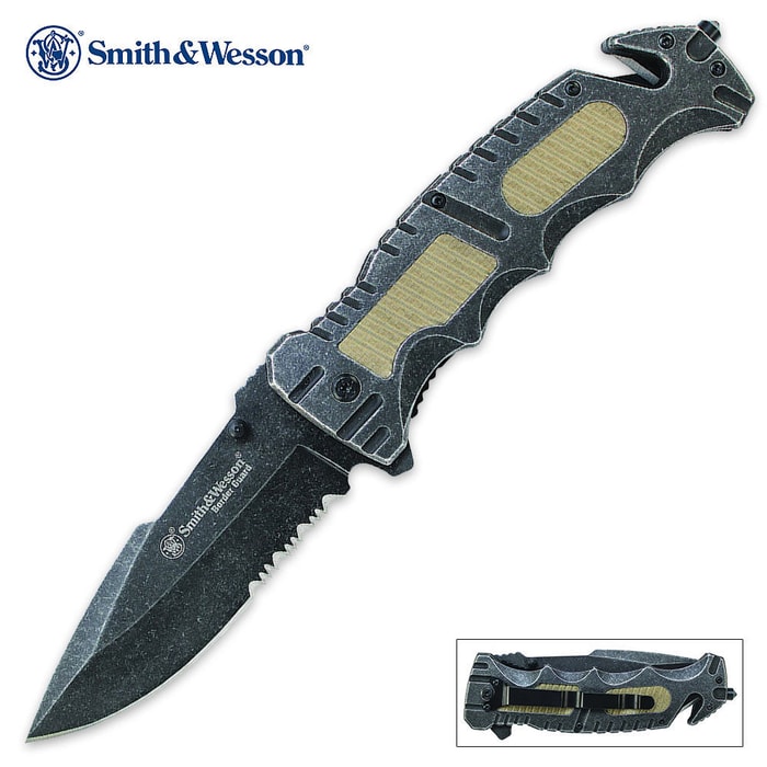 Smith & Wesson Border Guard Stonewash Folding Pocket Knife Serrated