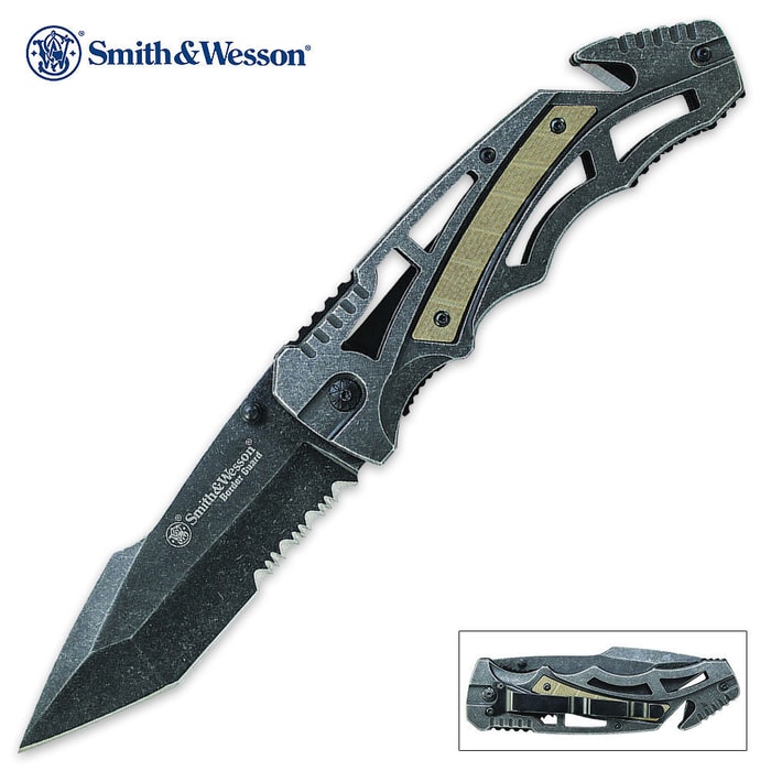 Smith & Wesson Border Guard Skeletonized Tanto Point Folding Pocket Knife Serrated