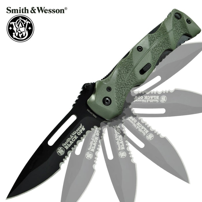 Smith & Wesson SWBLOP2GS Part Serrated Black Ops 2 Green Folding Knife