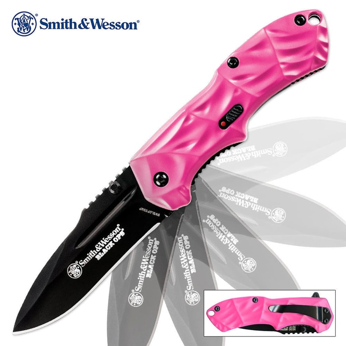 S&W Black Ops Mini BLK Drop Point Blade Pink Handle