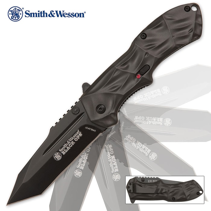 Smith & Wesson Black Ops Tanto Assisted Opening Pocket Knife has a black impact-resistant aluminum handle and 4034 stainless steel tanto blade.