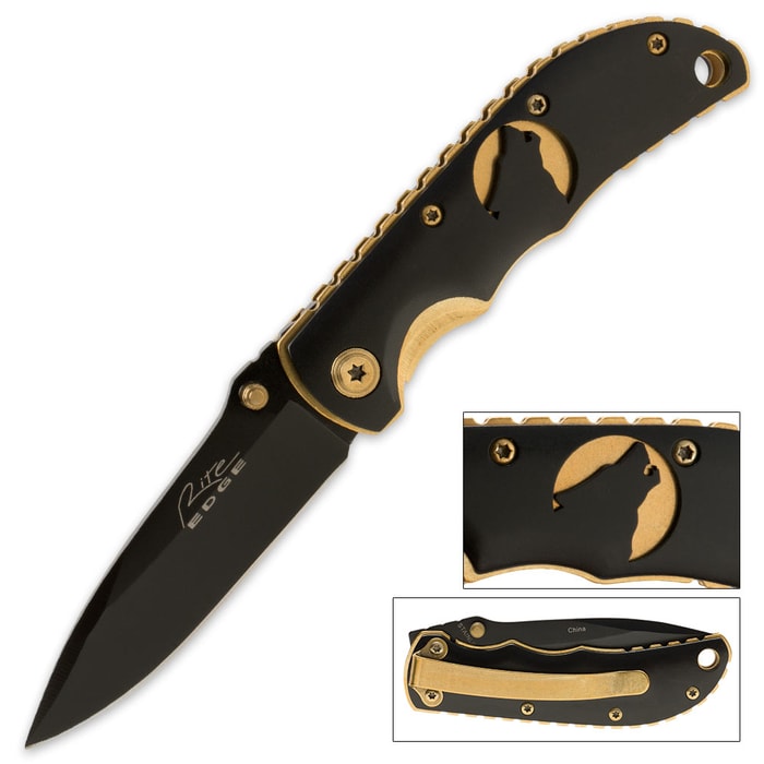Wolf Design Laser Cut Black And Gold Pocket Knife