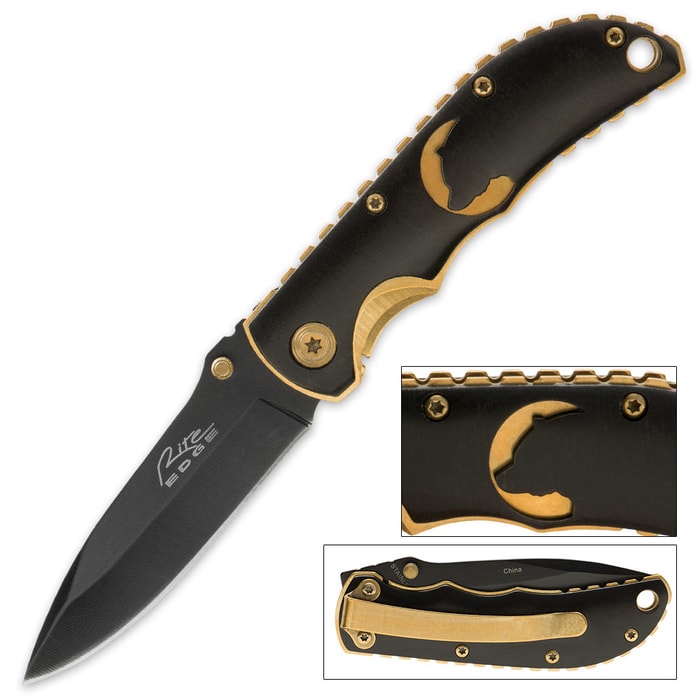 Bear Design Laser Cut Black And Gold Pocket Knife