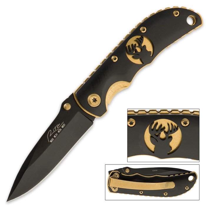 Deer Design Laser Cut Black And Gold Pocket Knife