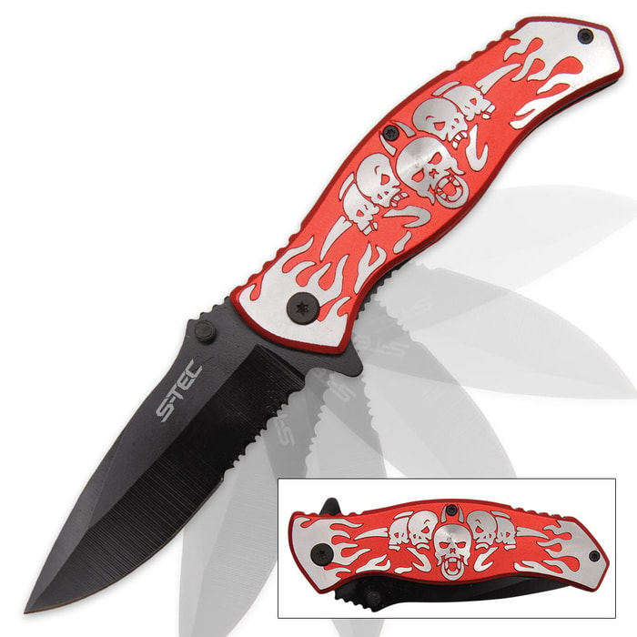 Flaming Skulls Assisted Opening Pocket Knife w/ Red Aluminum Handle