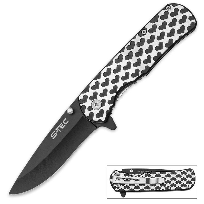 Blade of Hearts Spring-Assisted Pocket Knife - Black Pearl Blade and Hearts