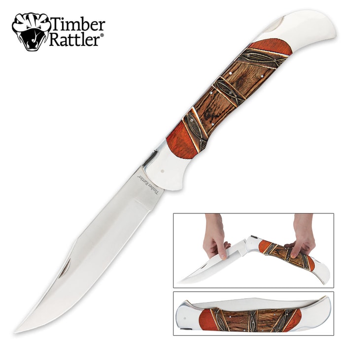 Timber Rattler Heartwood Scarab Back Giant Folding Pocket Knife - Carved Camel Bone Inlays