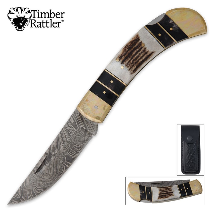 Timber Rattler Damascus Stag Pocket Knife