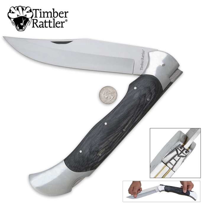 Timber Rattler Scarab Back Giant Lockback Pocket Knife has a 8” stainless steel blade housed inside gray pakkawood scales.