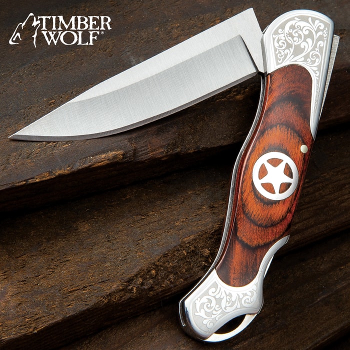 Timber Wolf Sheriff Lockback Pocket Knife - 3Cr13 Stainless Steel Blade, Assisted Opening, Wooden Handle Scales, Etched Bolsters